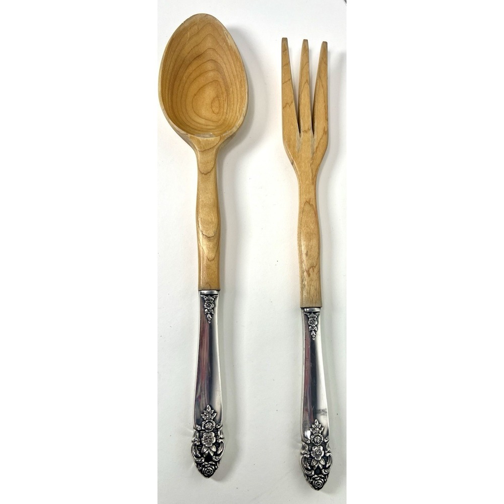 Oneida Prestige Distinction Wooden Teak Silverplate Salad Serving Fork Spoon Set